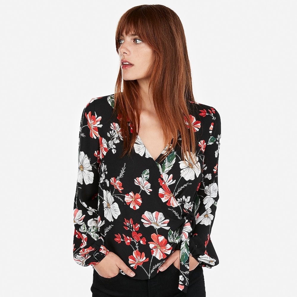 Express Floral Kimono Sleeve Surplice Wrap Top
